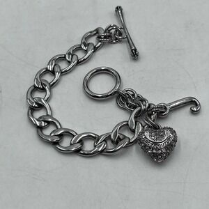 Juicy Couture Silver Tone Toggle Charm Starter Bracelet Pave Heart J